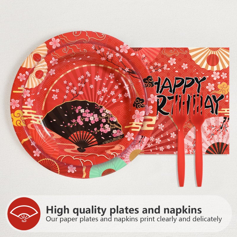 Grencian 96 Pcs Hibachi Party Decorations Folding Fans Birthday Party Supplies Disposable Japanese Fans Paper Plates Tableware for Birthday Hibachi Japanese Party Decorations Serves 24 - Image 2